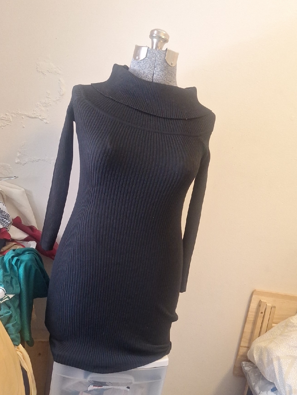 Black Ribbed Off-Shoulder Sweater Dress - Women's Sweater